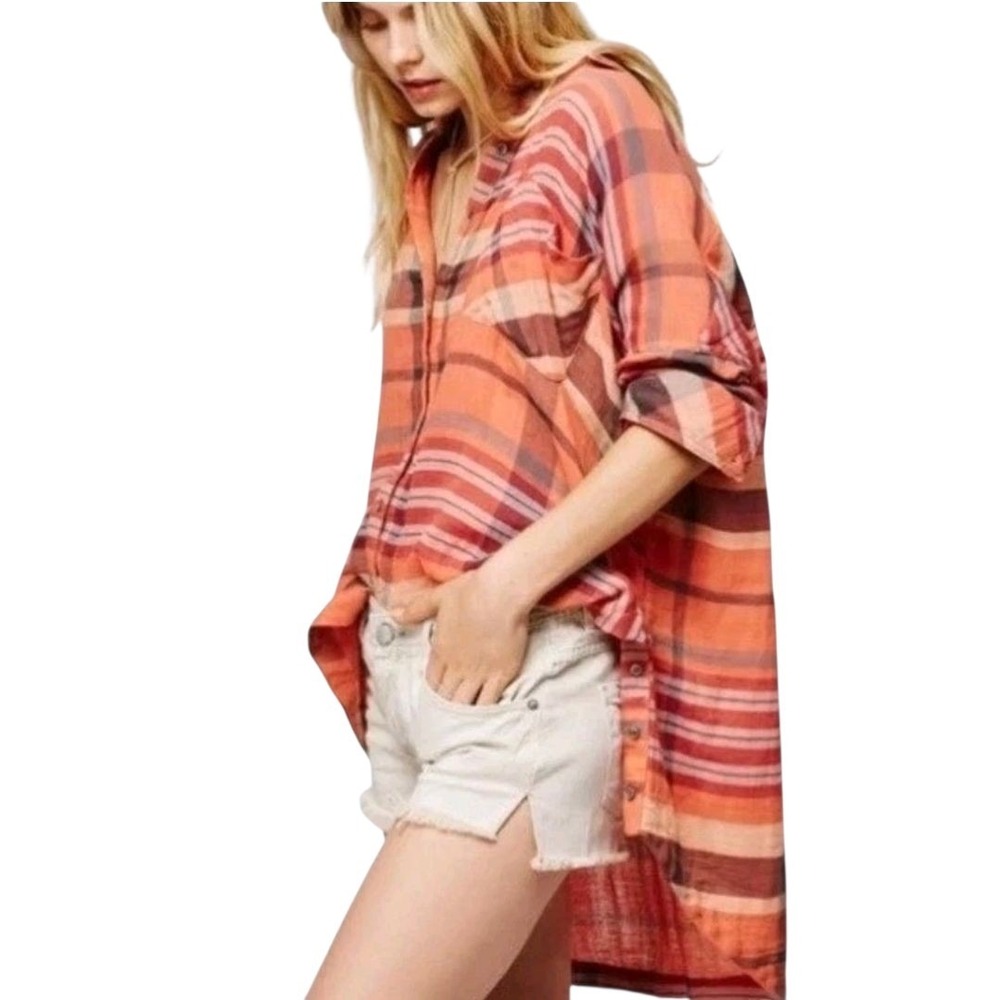 Free People Size XS Year Round Oversized Button Down Plaid Top Flannel Orange